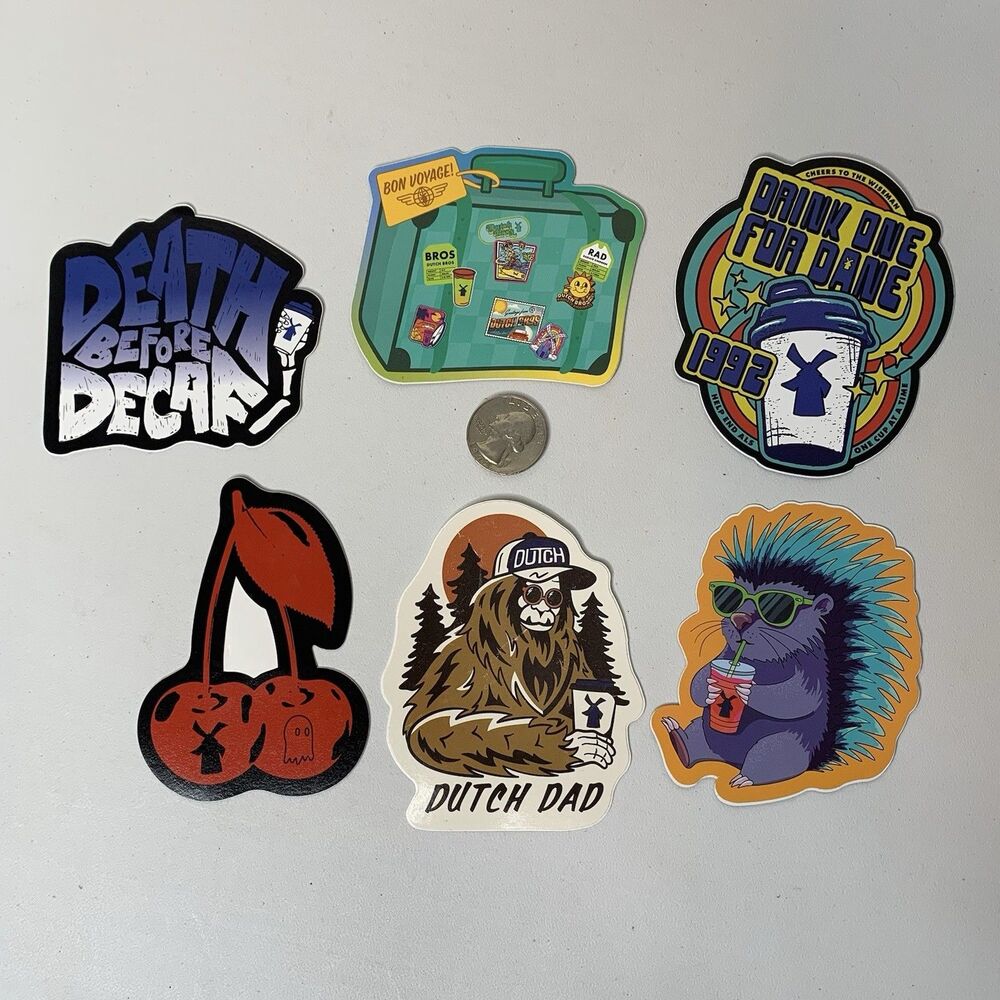 Dutch Bros Stickers Lot 7 Dutch Dad Lonely Ghost Cherry Porcupine Dane Decaf